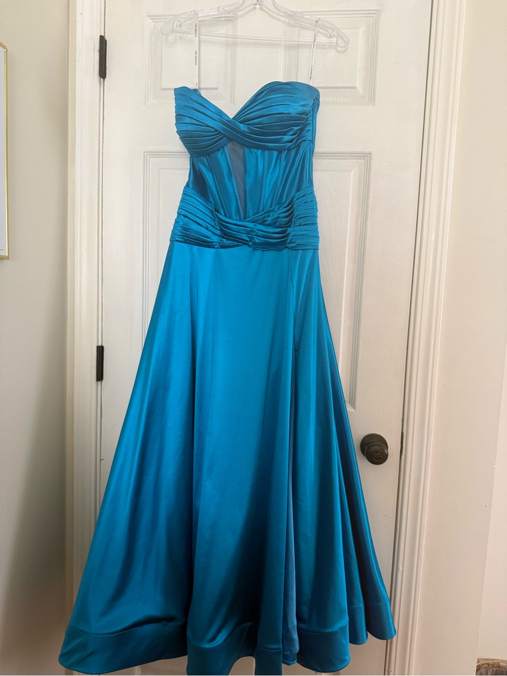 Sherri Hill Strapless Teal Satin A-Line Gown